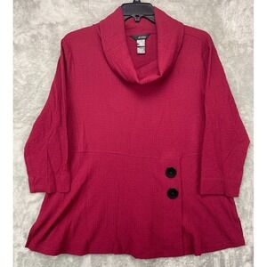 Ali Miles Women's Tunic XL Red Cowl Neck‎ Crinkle 3/4 Sleeve Buttons